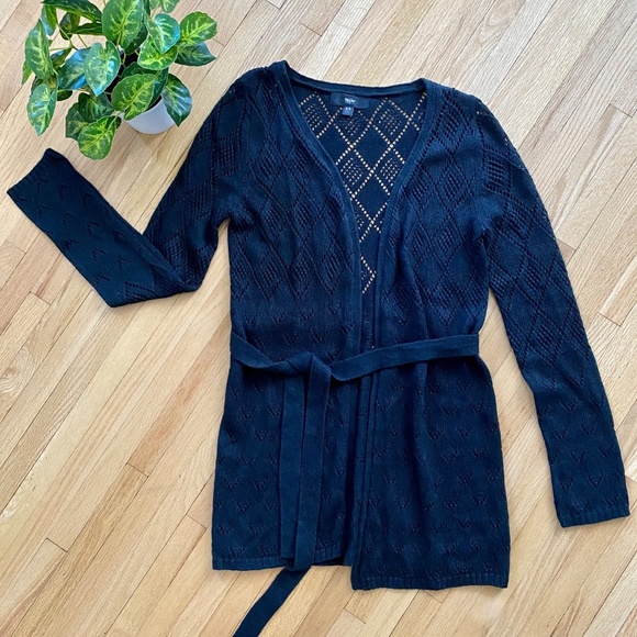 Mossimo XS Pointelle Black Open Knit Longline Cardigan with Tie Belt - Picture 4 of 9